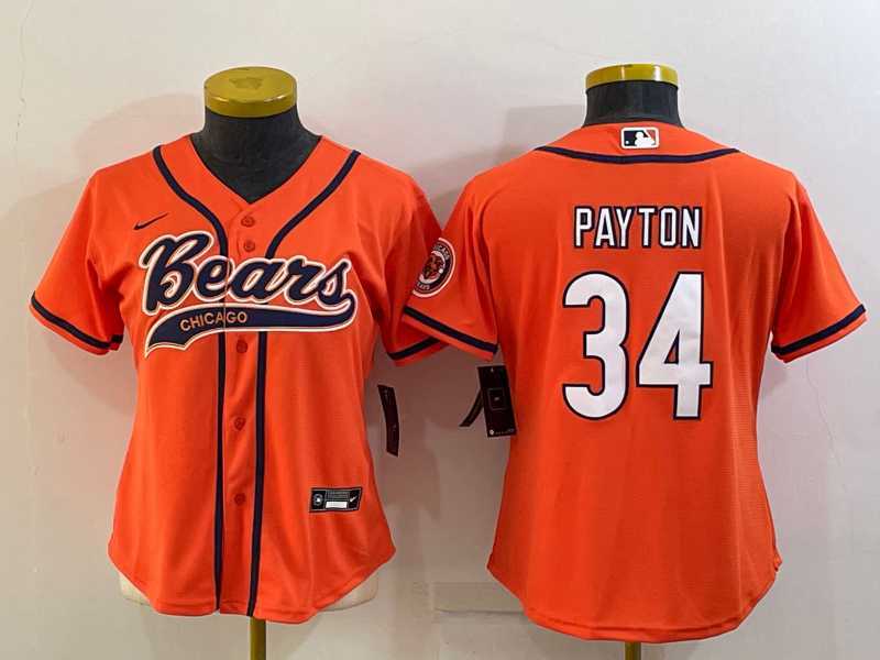 Womens Chicago Bears #34 Walter Payton Orange With Patch Cool Base Stitched Baseball Jersey